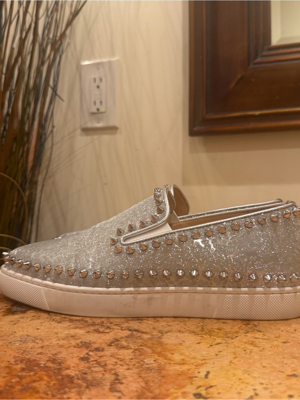 Christian Louboutin Silver Glitter Studded Slip-On Mules